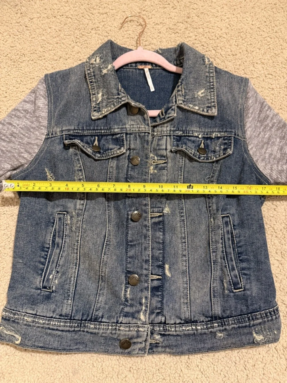 Free People Distressed Denim Knit Sleeve Jacket Blue Gray Hybrid Trucker - Picture 4 of 10